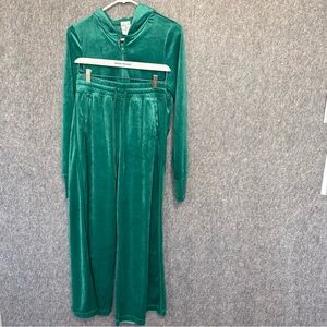 OFFLINE By Aerie  Green Velour Cropped Zip Hoodie & Wide Leg Set size S/P